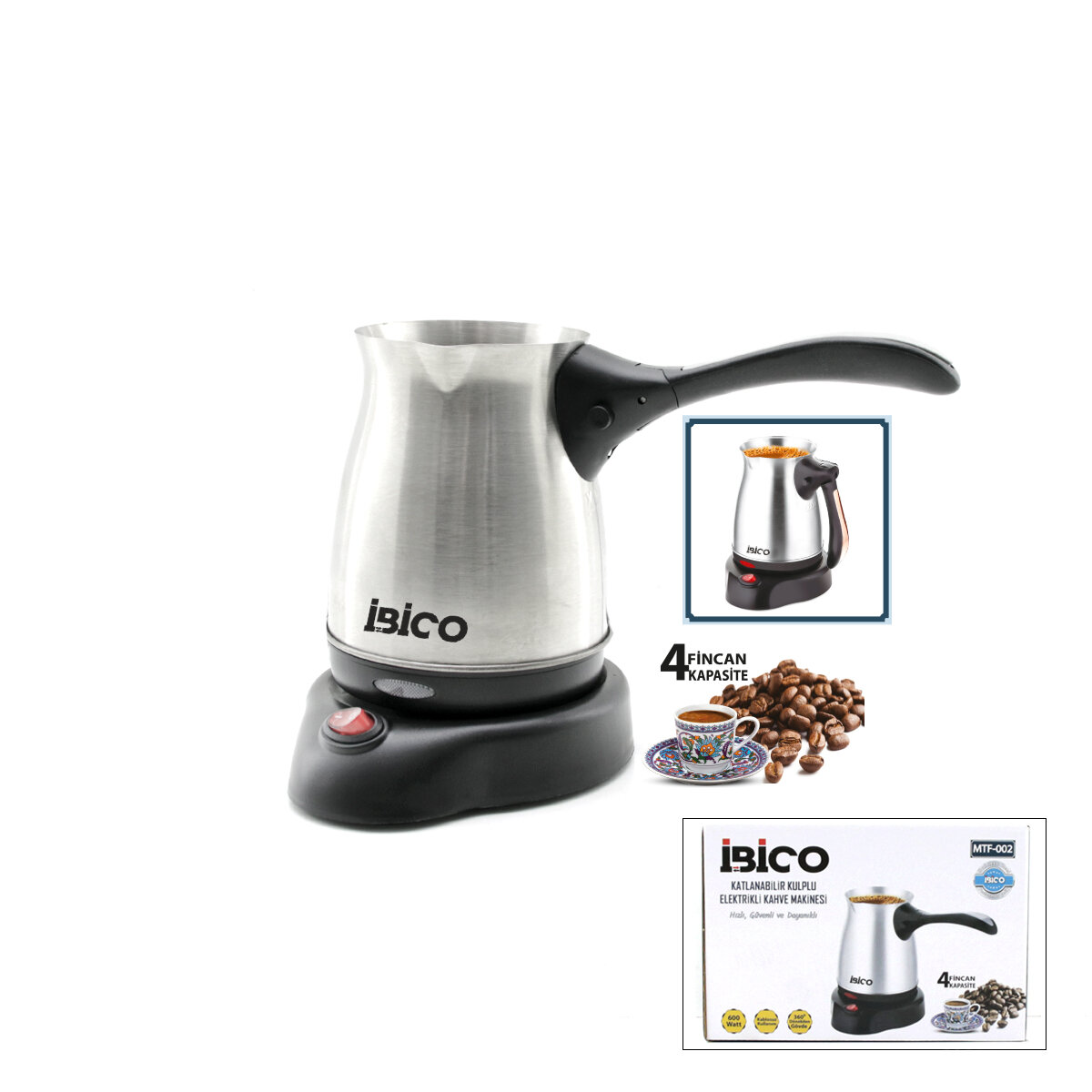 ÇELİK ELEKTRİKLİ CEZVE TÜRK KAHVE MAKİNESİ - 4FİNCAN=400ML KABLOSUZ KULLANIM- 360°DÖNER 600W MTF-002