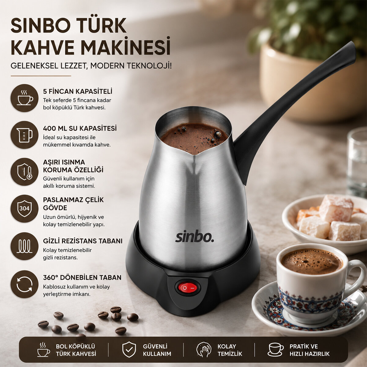 ÇELİK ELEKTRİKLİ CEZVE TÜRK KAHVE MAKİNESİ - 5FİNCAN=400ML 360° KABLOSUZ KULLANIM KATLANIR KULP 700W SCM-2967