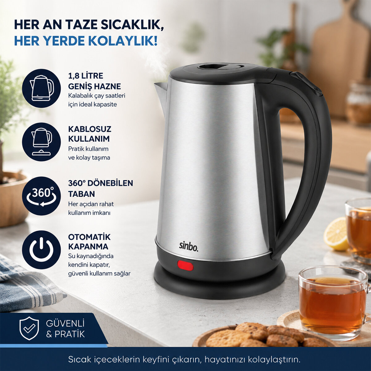 ÇELİK KETTLE SU ISITICISI KABLOSUZ KULLANIM 1.8LT 360 DERECE DÖNEBİLME OTOMATİK KAPANMA SK-8026