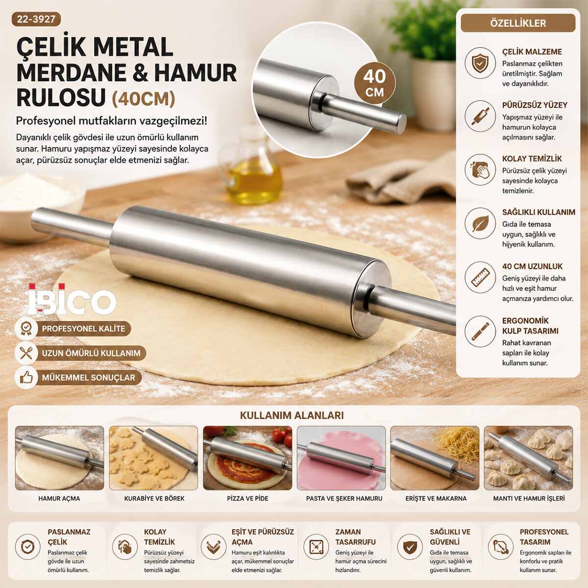 ÇELİK METAL MERDANE - HAMUR RULOSU 40CM