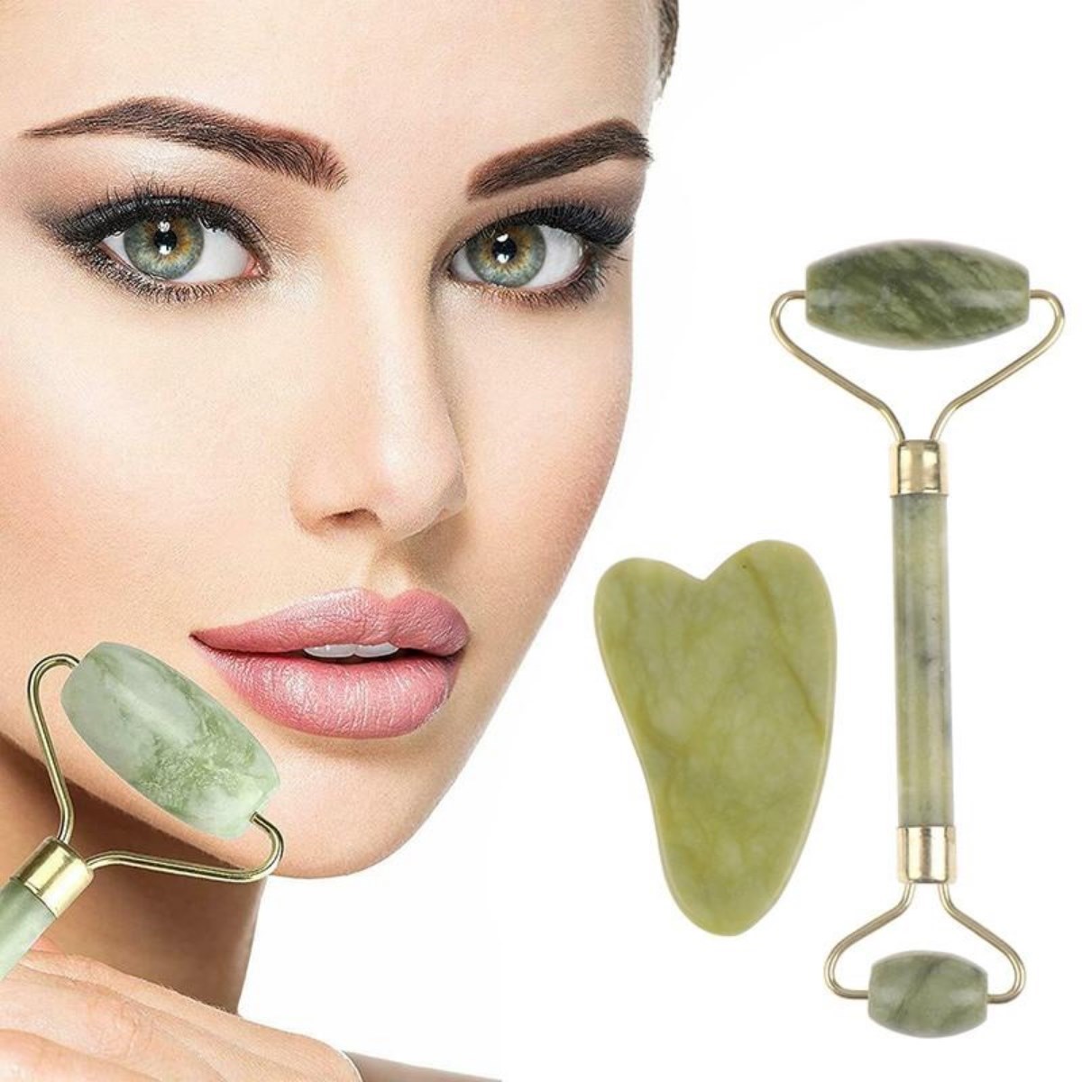 Çift Taraflı 2li Cilt Yüz Masaj Aleti Jade Roller Yeşim Taşı Seti