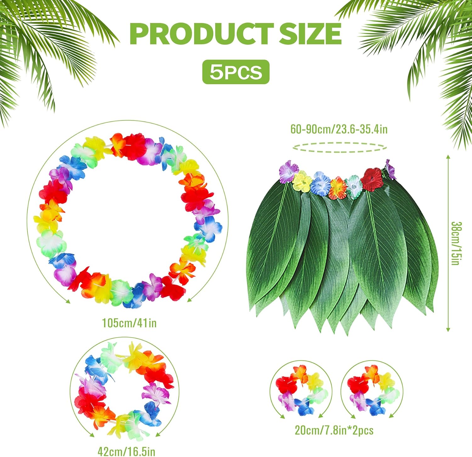 Çocuk Hawaii Kostüm Seti - Yaprak Etek &amp;amp; Hawaii Set - 5 Parça