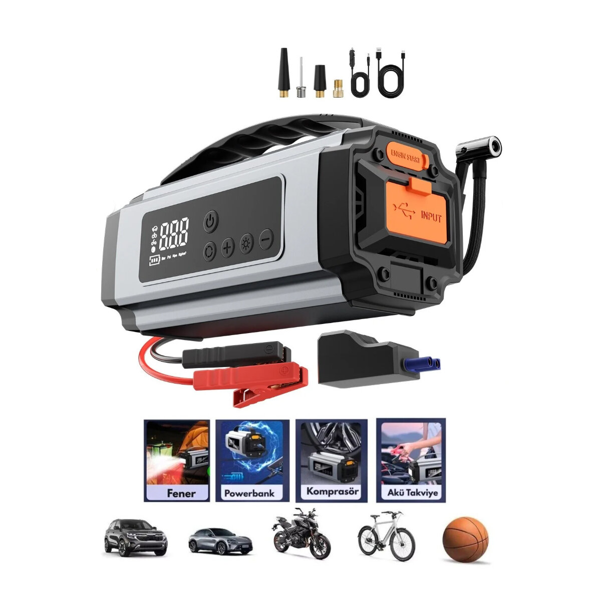 ÇOK FONKSİYONLU OTO - ARAÇ TAKVİYE SET TAŞINABİLİR 120W DİJİTAL EKRAN POWERBANK ÖZELLİK - FENER - COB - PUSULA YG-898