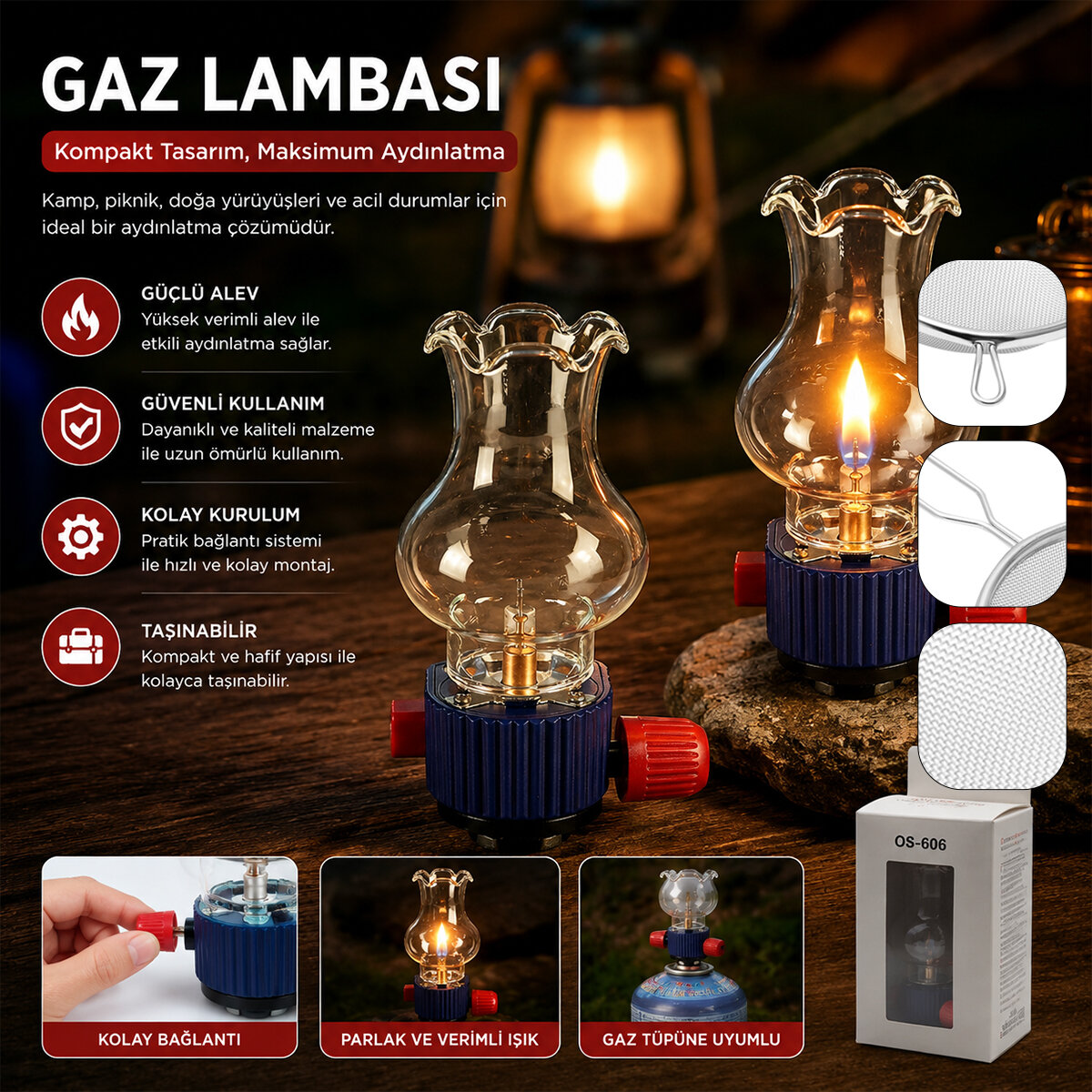 DEKORATİF GAZ LAMBASI GAZ KARTUŞ UYUMLU TAŞINABİLİR - CAM HAZNELİ ISIYA DAYANIKLI