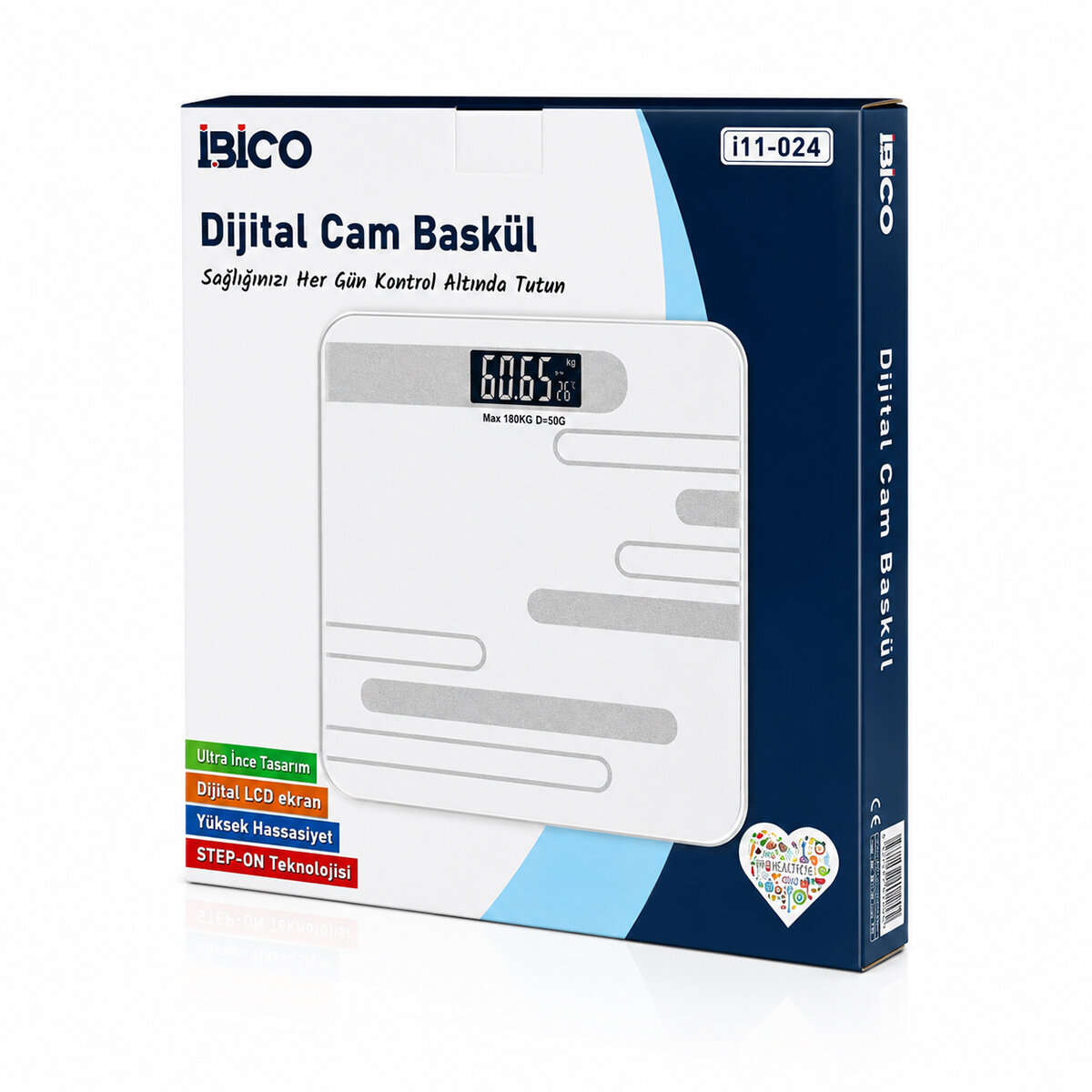 DİJİTAL - PİLLİ RENKLİ CAM BANYO BASKÜL TERAZİ TARTI LCD EKRAN 180KG/50GR 26X26CM İ11-024