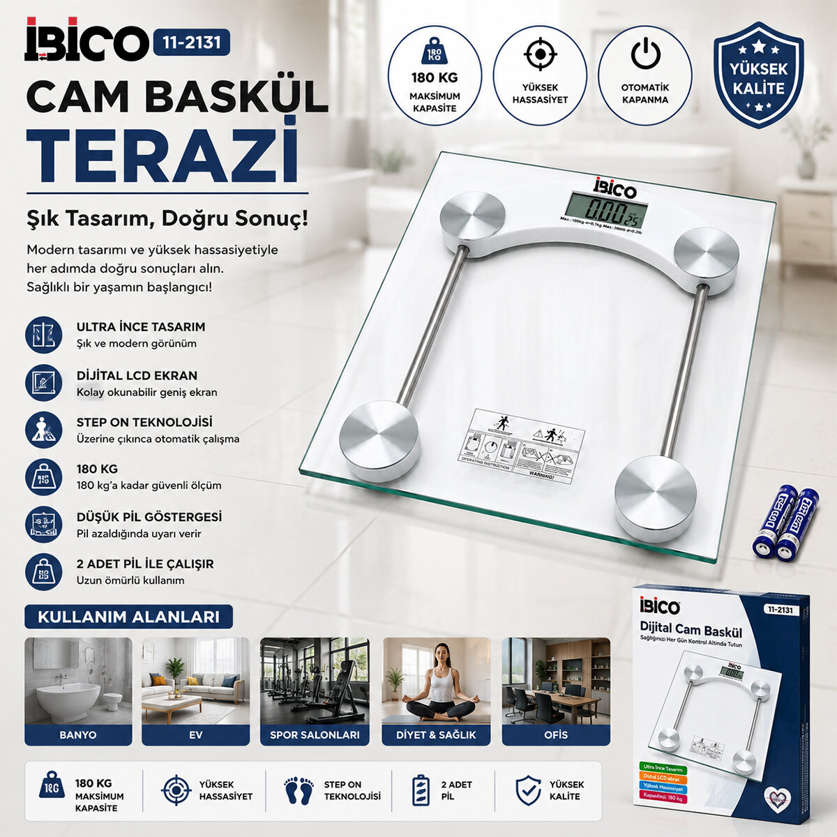 DİJİTAL - PİLLİ KARE BANYO BASKÜL TERAZİ TARTI LCD EKRAN 180KG/0.1G 30X30CM İ11-025