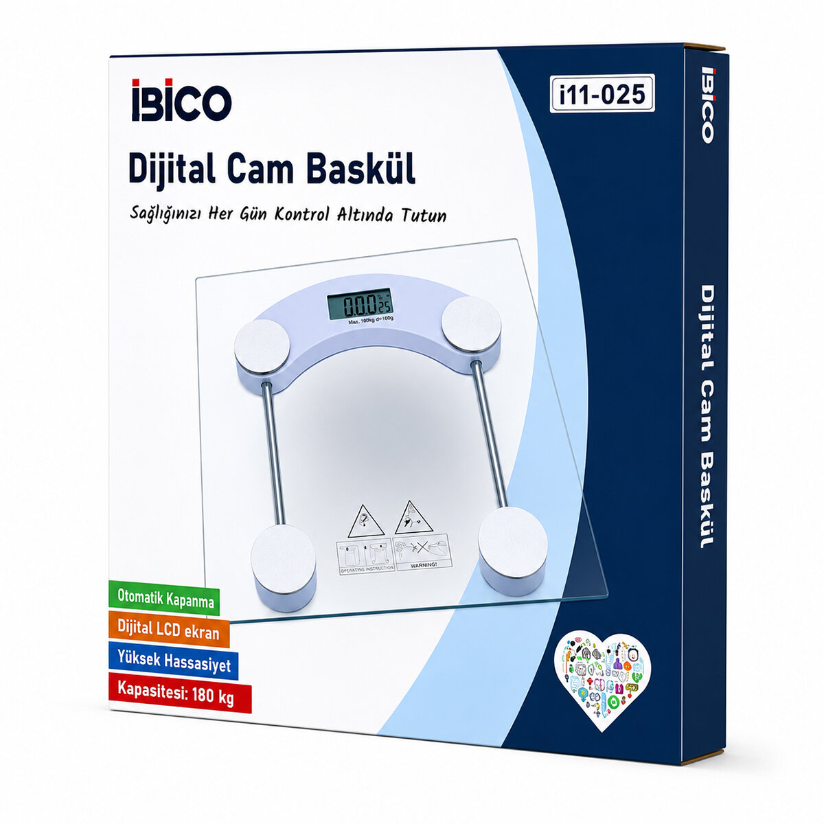 DİJİTAL - PİLLİ KARE BANYO BASKÜL TERAZİ TARTI LCD EKRAN 180KG/0.1G 30X30CM İ11-025