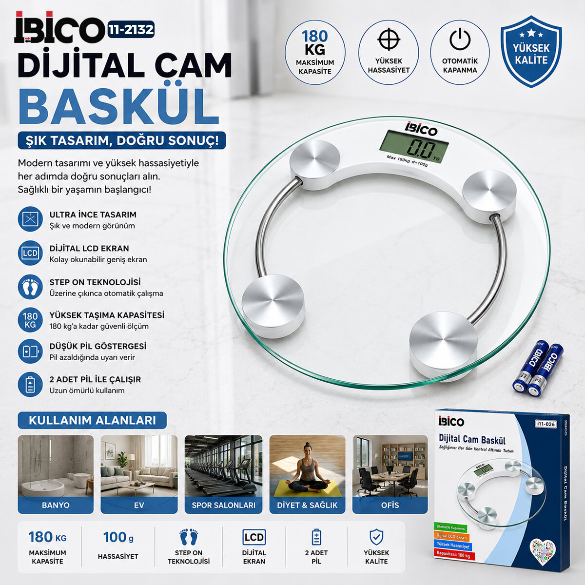DİJİTAL - PİLLİ YUVARLAK BANYO BASKÜL TERAZİ TARTI LCD EKRAN 180KG/0.1G 30X30CM İ11-026