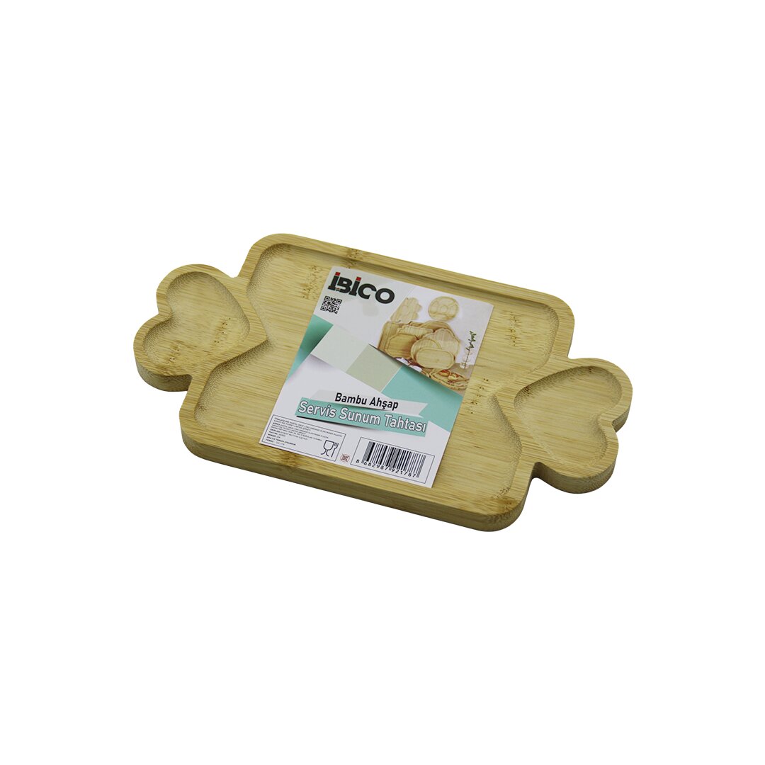 DİKDÖRTGEN 3 BÖLMELİ=2İN1 KALP KULP - BÖLME + 1 AHŞAP BAMBU SERVİS SUNUM TEPSİ - TAHTASI 25 X 14 X 1.4CM