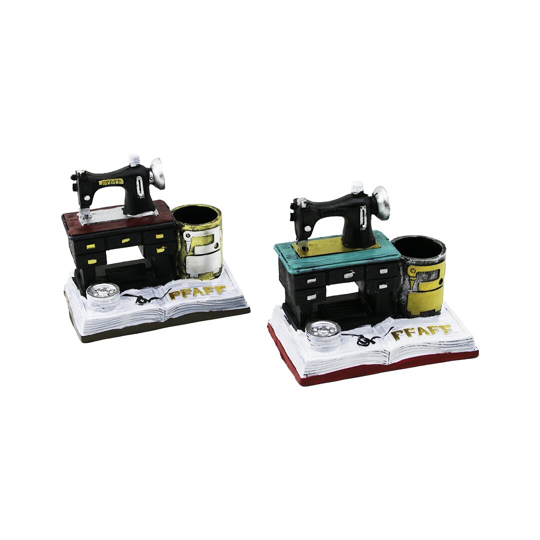 DİKİŞ MAKİNE VİNTAGE DEKORATİF BİBLO - RENKLİ KALEMLİK 12X13.5X9CM REÇİNE