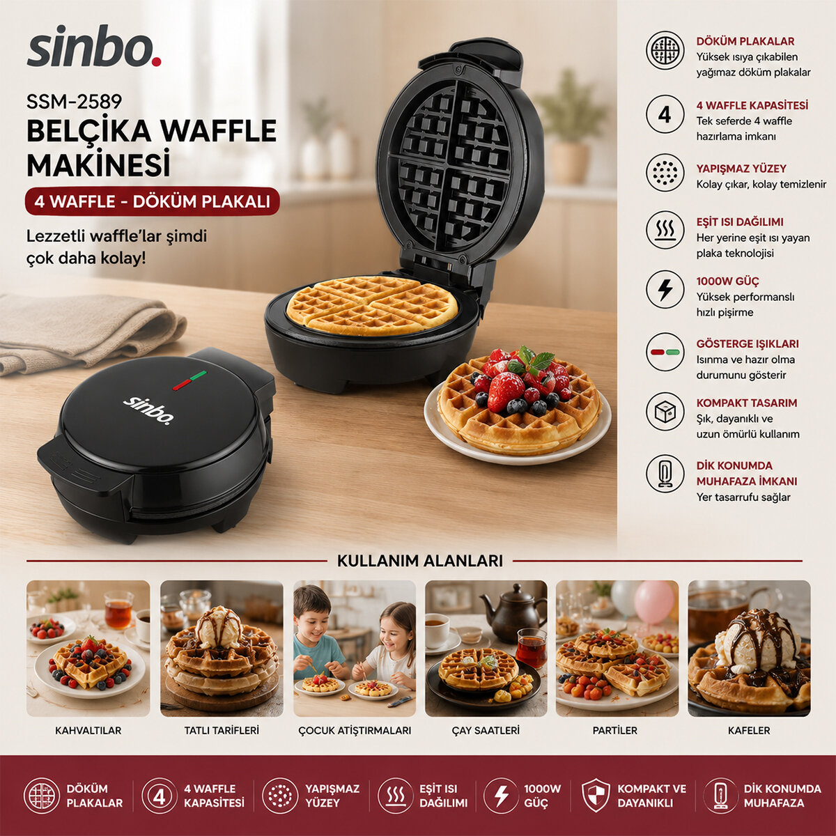 DÖKÜM  BELÇİKA WAFFLE MAKİNESİ  ELEKTRİKLİ   4 WAFFLE   YAPIŞMAZ YÜZEY   1000W  SSM-2589