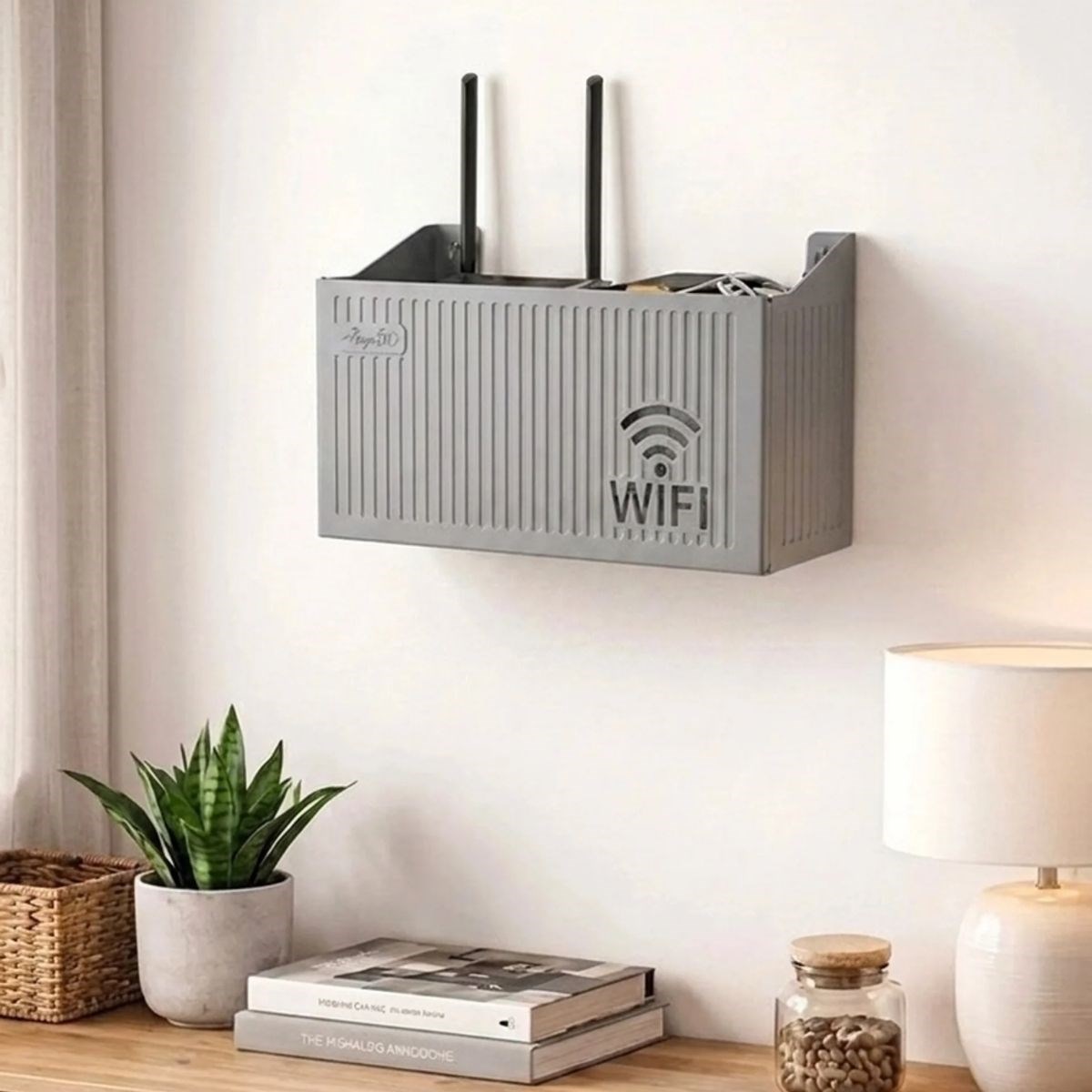 Duvar Tipi Wi-Fi Modem Saklama Kutusu(Gri) – Kablo Düzenleyici Router Raf Organizer