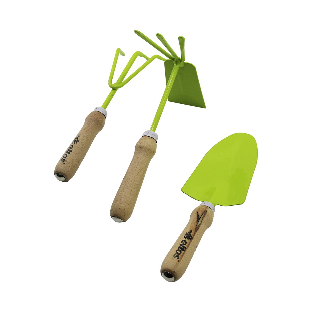 ELTOS EBS-003  3PCS  BAHÇE HOBİ SETİ  RENKLİ METAL   ÇİFT BAŞLI ÇAPA - 3 DİŞLİ TIRMIK - KÜREK  AHŞAP SAPLI