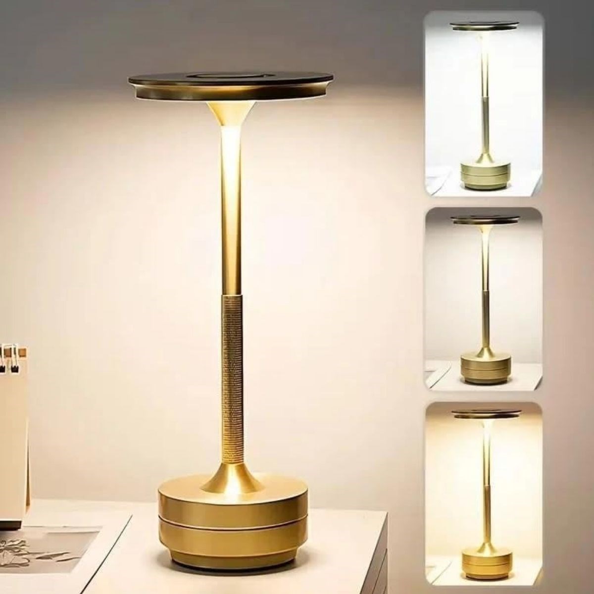 Eskitme Gold Kasa Dokunmatik Şarjlı Masa Lambası – 3 Renk Işık Modlu, LED Aydınlatmalı, Modern &amp; Dekoratif Abajur