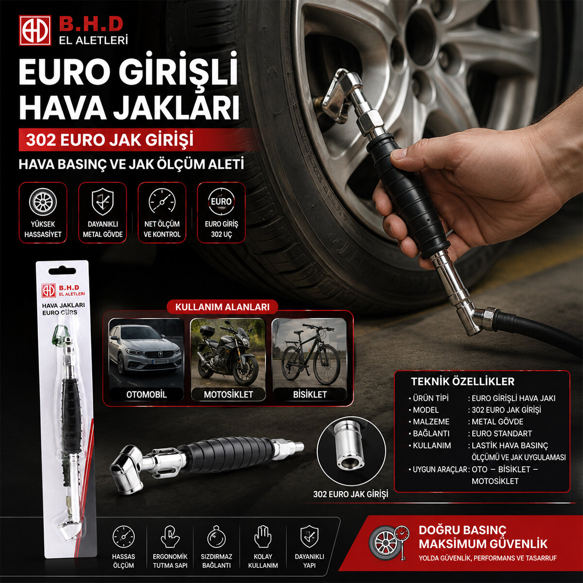 EURO JACK LASTİK HAVA BASINÇ ÖLÇÜM ALETİ OTO - BİSİKLET - MOTORSİKLET - BOT
