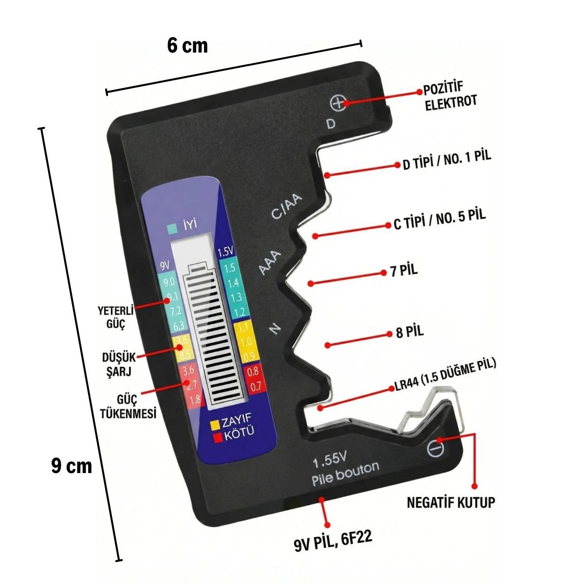 Evrensel Dijital Pil Test Cihazı – AA, AAA, C, D, N, 9V ve Düğme Pil Uyumlu Mini Pil Kapasite & Seviye Ölçer