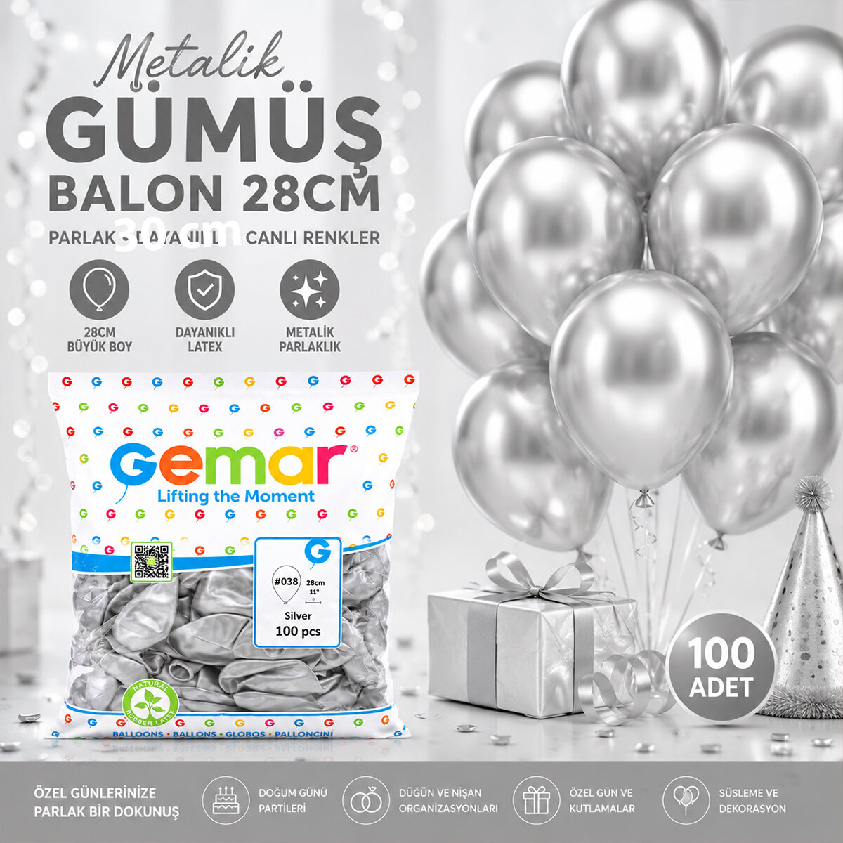 GM-110-38 METALİK - GÜMÜŞ BALON 11'' - 28CM - 100 PARÇA