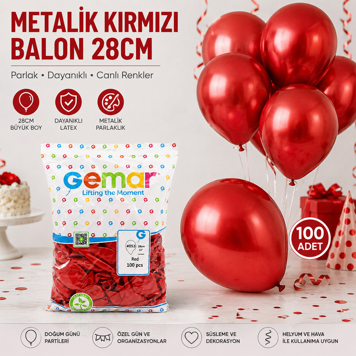 GM-110-53 METALİK - KIRMIZI BALON 11'' - 28CM - 100 PARÇA