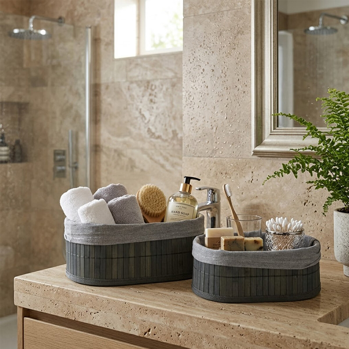 GRİ 2 BOY OVAL BAMBU KENAR ORGANİZER SEPET AHŞAP ALTLIK - BEZLİ 21X14-25X16CM