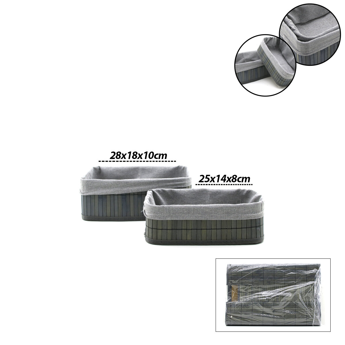 GRİ 2 BOY D.DÖRTGEN BAMBU KENAR ORGANİZER SEPET AHŞAP ALTLIK - BEZLİ 25X14-28X18CM