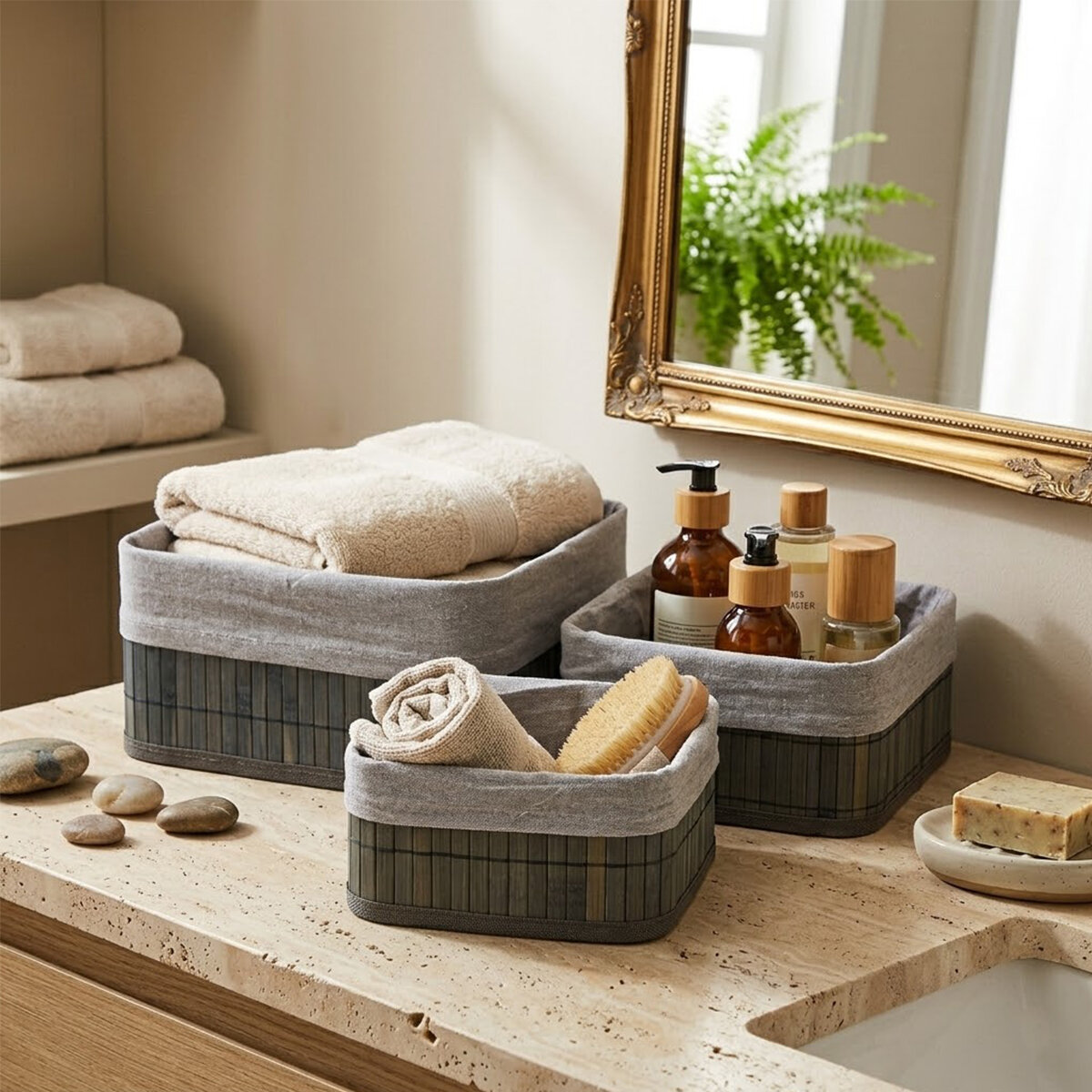 GRİ 3 BOY KARE BAMBU KENAR ORGANİZER SEPET AHŞAP ALTLIK - BEZLİ 17X21X25CM