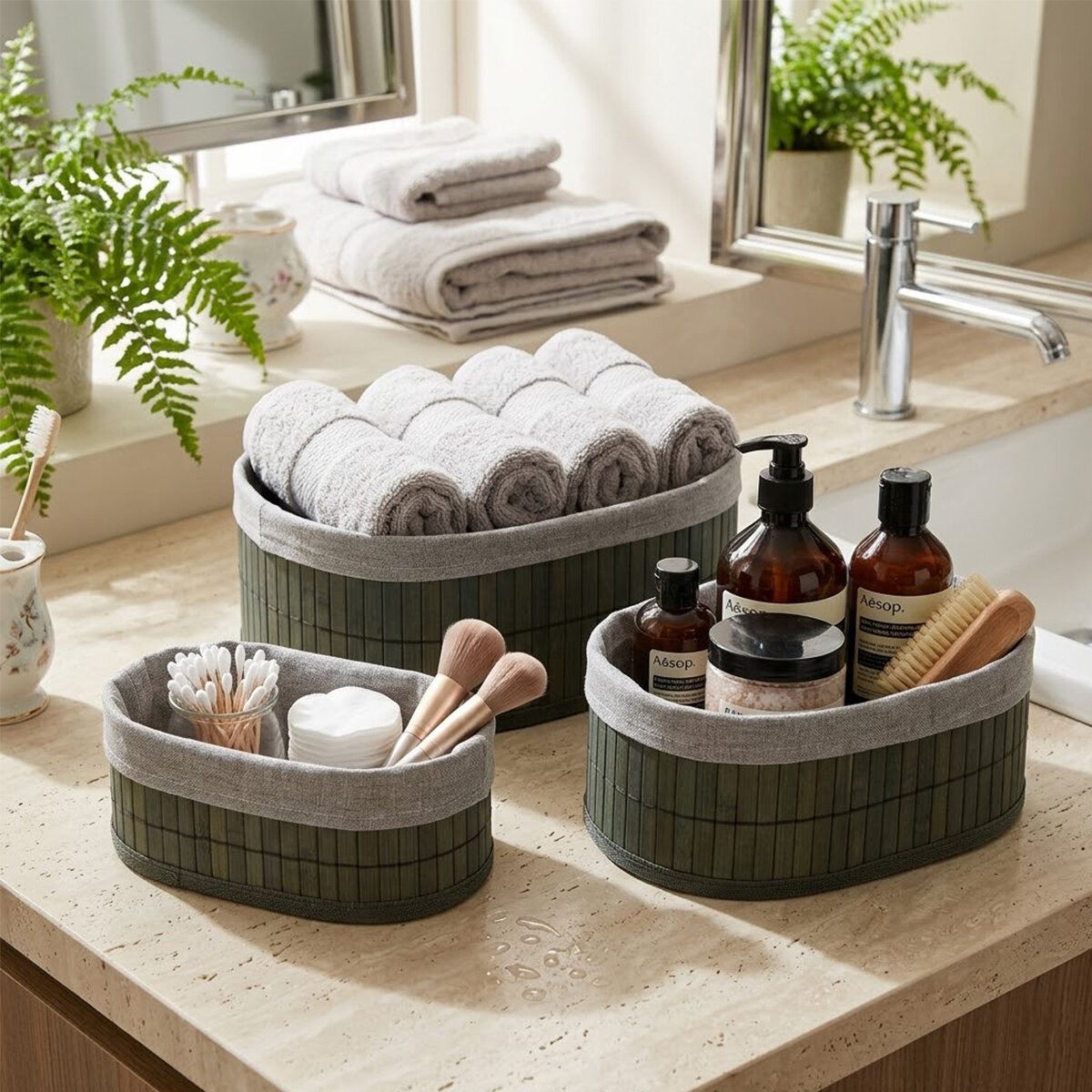 GRİ 3 BOY OVAL BAMBU KENAR ORGANİZER SEPET AHŞAP ALTLIK - BEZLİ 12X21-16X25-20X30CM