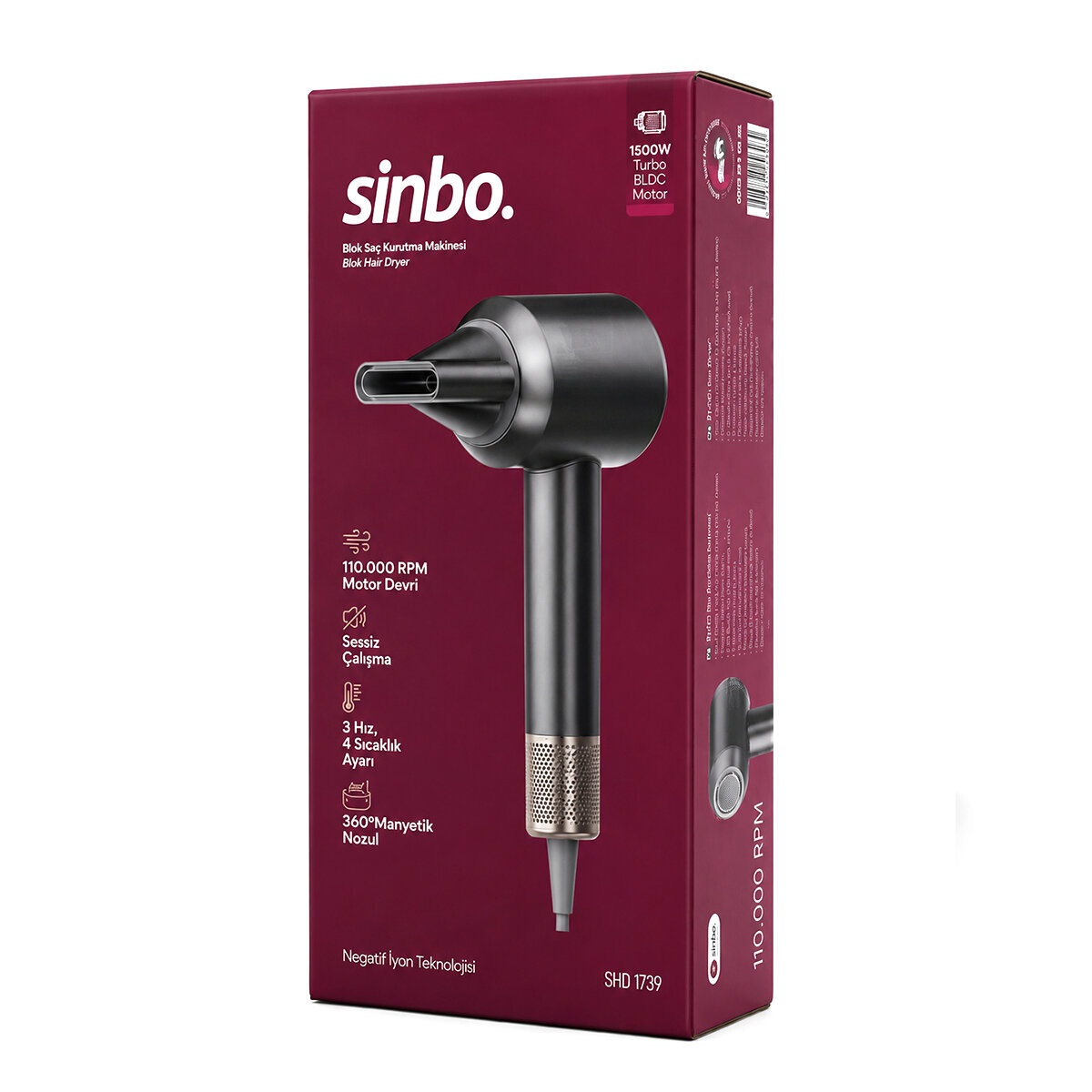 GRİ BLDC TURBO MOTOR SAÇ KURUTMA - ŞEKİL MAKİNESİ 1500W 3-KDM.HIZ 4-KDM.ISIAYAR=SICAK-ILIK-HAFİF-SOĞUK SHD-1739