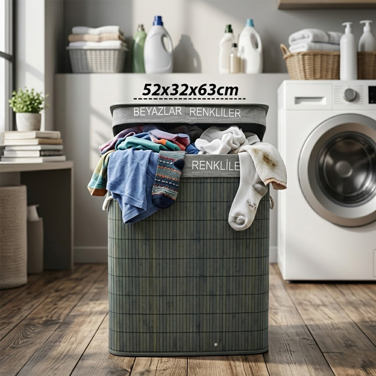 GRİ DİKDÖRTGEN 2 BÖLMELİ 52X32CM Y:63CM BAMBU AHŞAP KİRLİ ÇAMAŞIR SEPETİ KUMAŞ ÇANTALI İP KULP