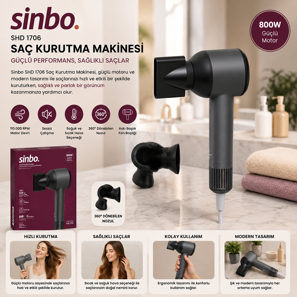 GRİ SAÇ KURUTMA MAKİNESİ 110.000 RPM SESSİZ ÇALIŞMA - 3 HIZ - SICAKLIK AYAR SHD-1755