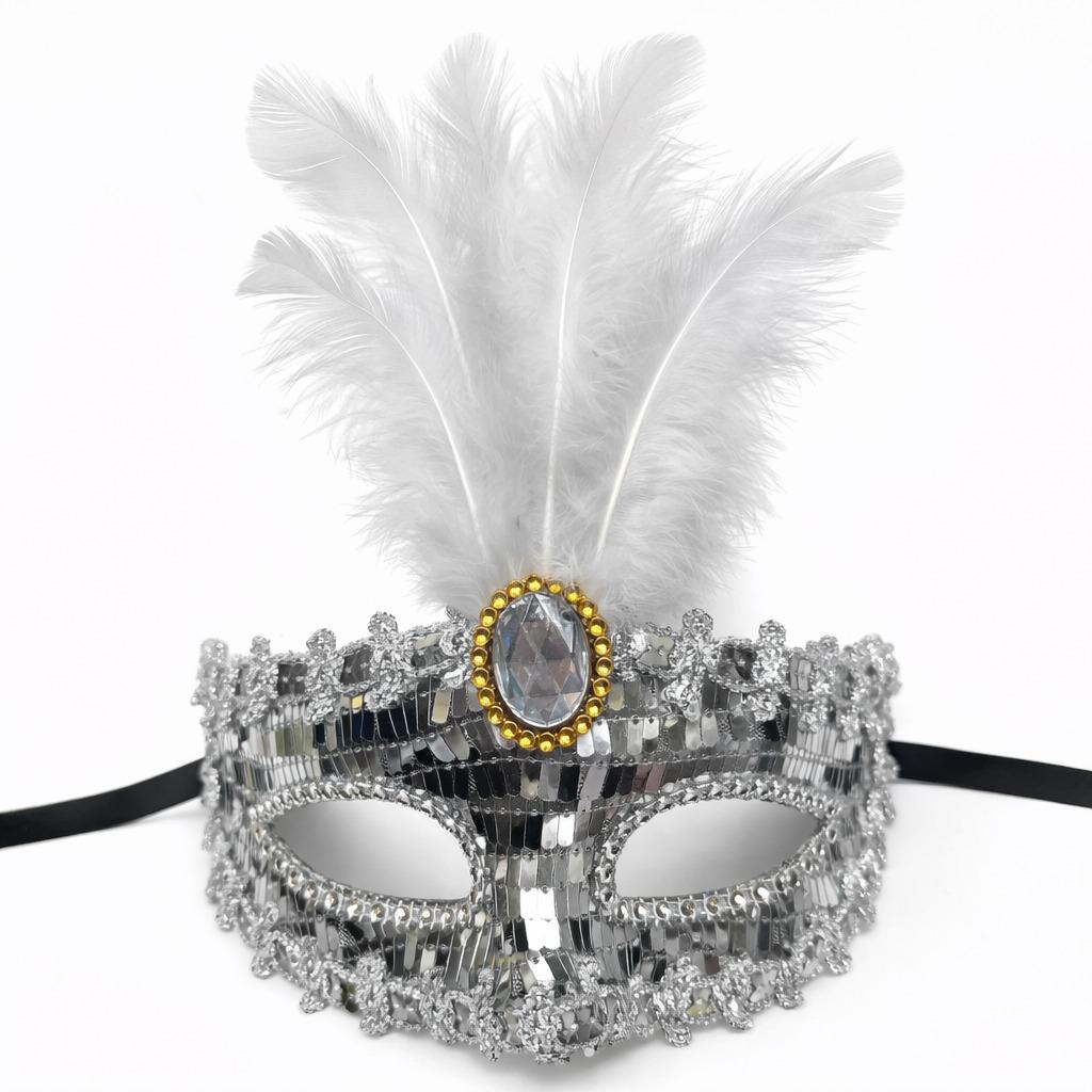 Gümüş Renk Payetli Pullu Tüylü Parti Maskesi 17x20 cm