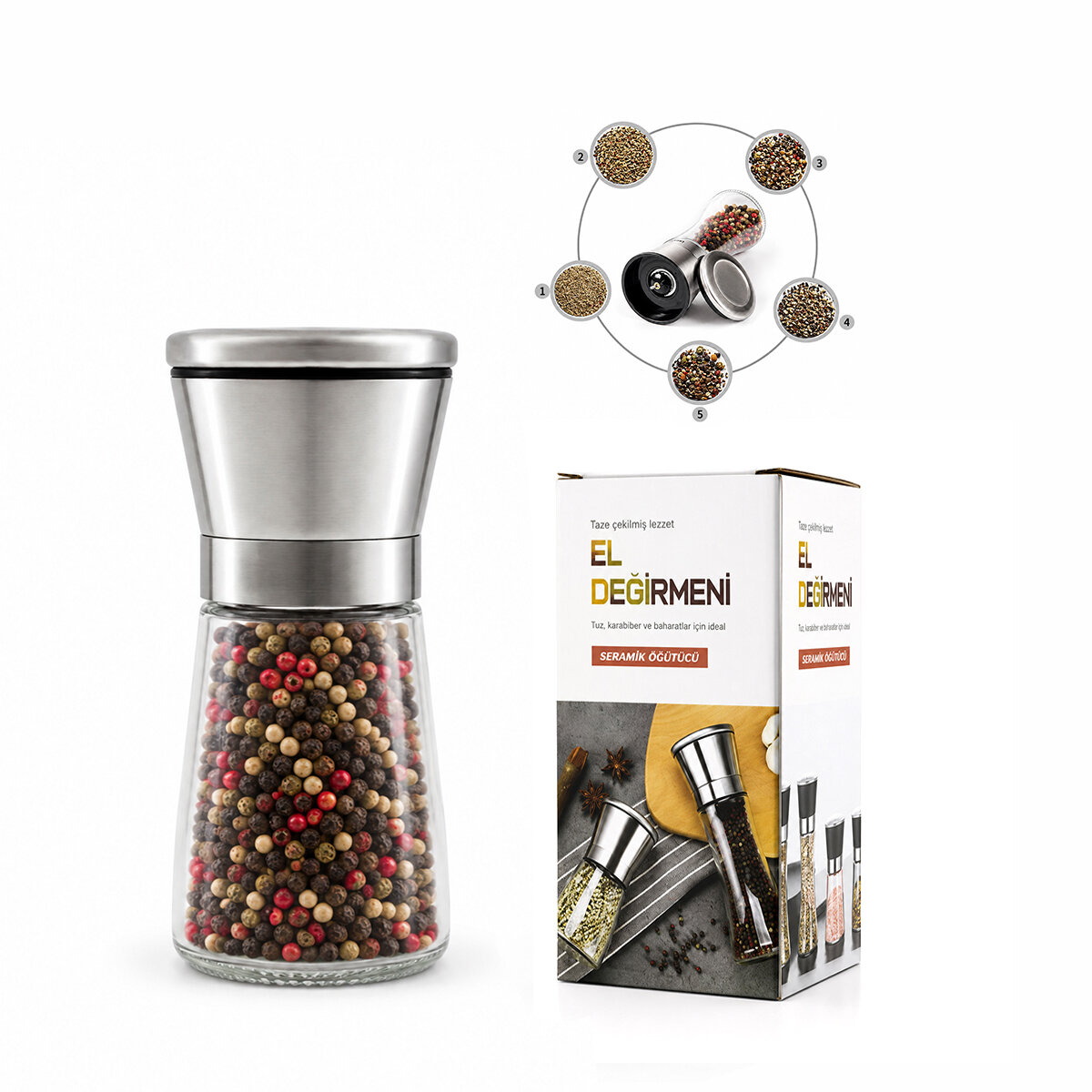 HAND GRINDER KÜÇÜK CAM HAZNELİ - KROM KAPLAMA PLS.KAPAKLI TUZ - BAHARAT ÖĞÜTÜCÜ İ22-411