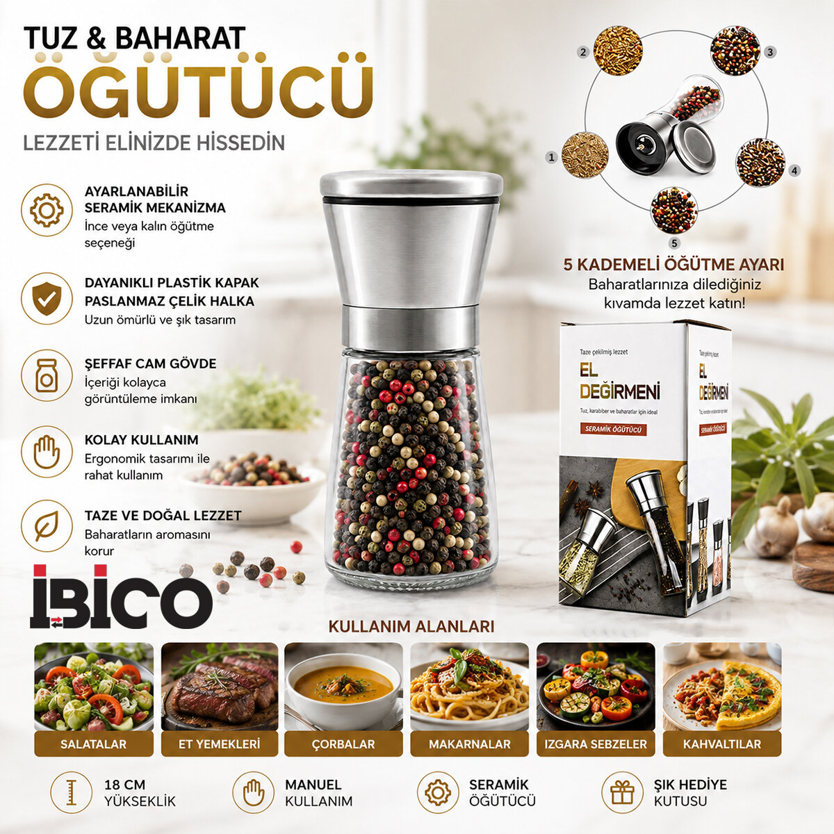 HAND GRINDER KÜÇÜK CAM HAZNELİ - KROM KAPLAMA PLS.KAPAKLI TUZ - BAHARAT ÖĞÜTÜCÜ İ22-411