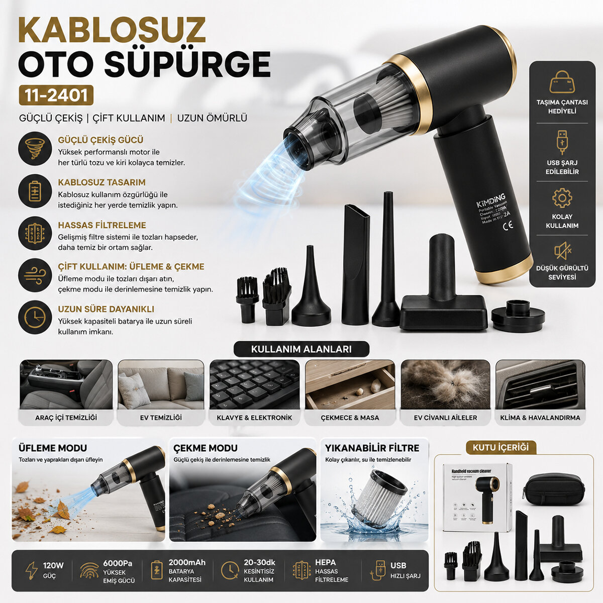 HANDHELD VACUUM CLEANER 2İN1=ÇEKME - ÜFLEME OTO - ARAÇ - EV EL TİPİ SÜPÜRGE ŞARJLI MİNİ - TAŞINABİLİR KH-128