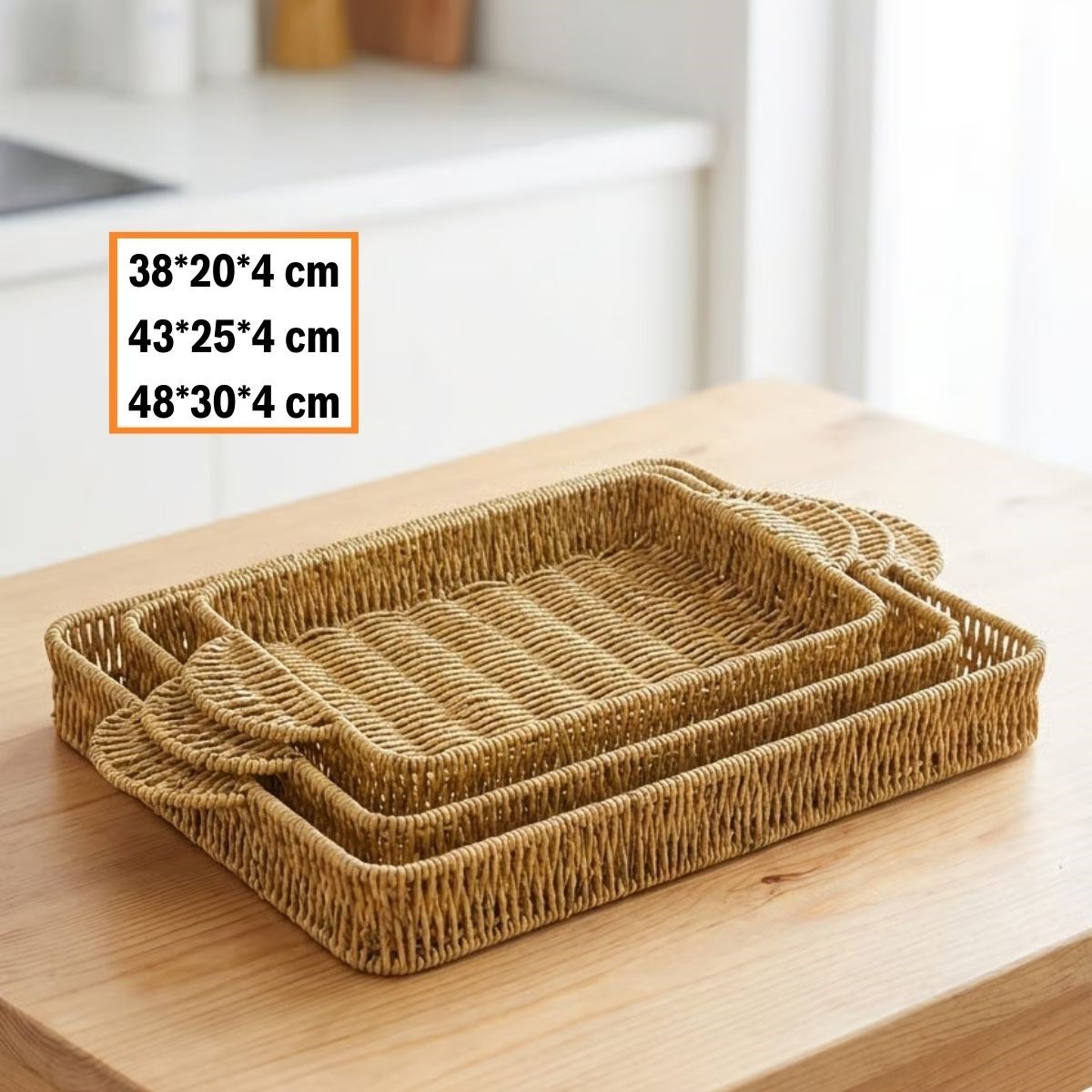 İç İçe Geçebilen 3’lü Dikdörtgen Plastik Rattan Tepsi Seti–Hasır Görünümlü Çok Amaçlı Servis ve Sunum Tepsileri