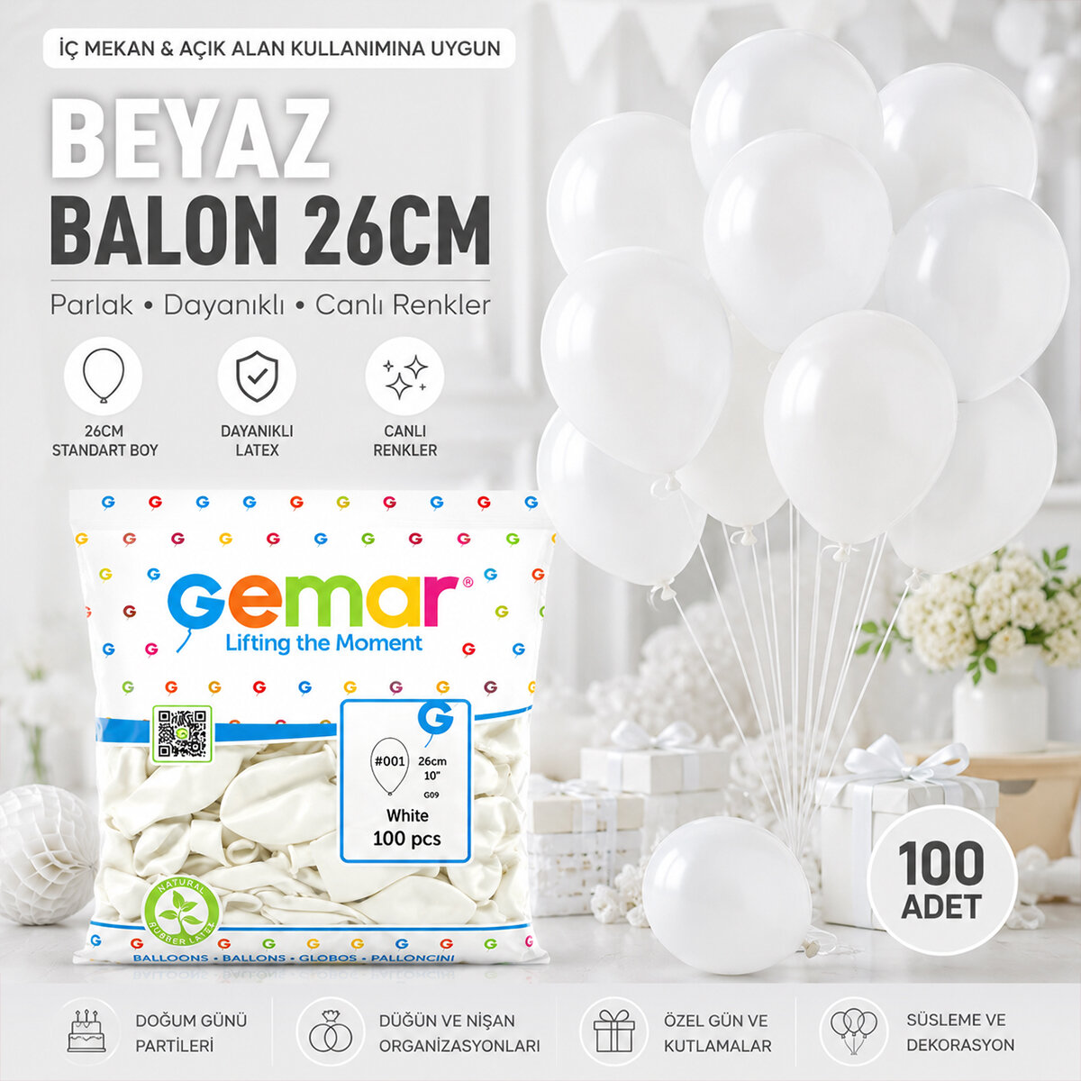 İÇ MEKAN - BEYAZ BALON 10 INC - 26CM - 100PCS