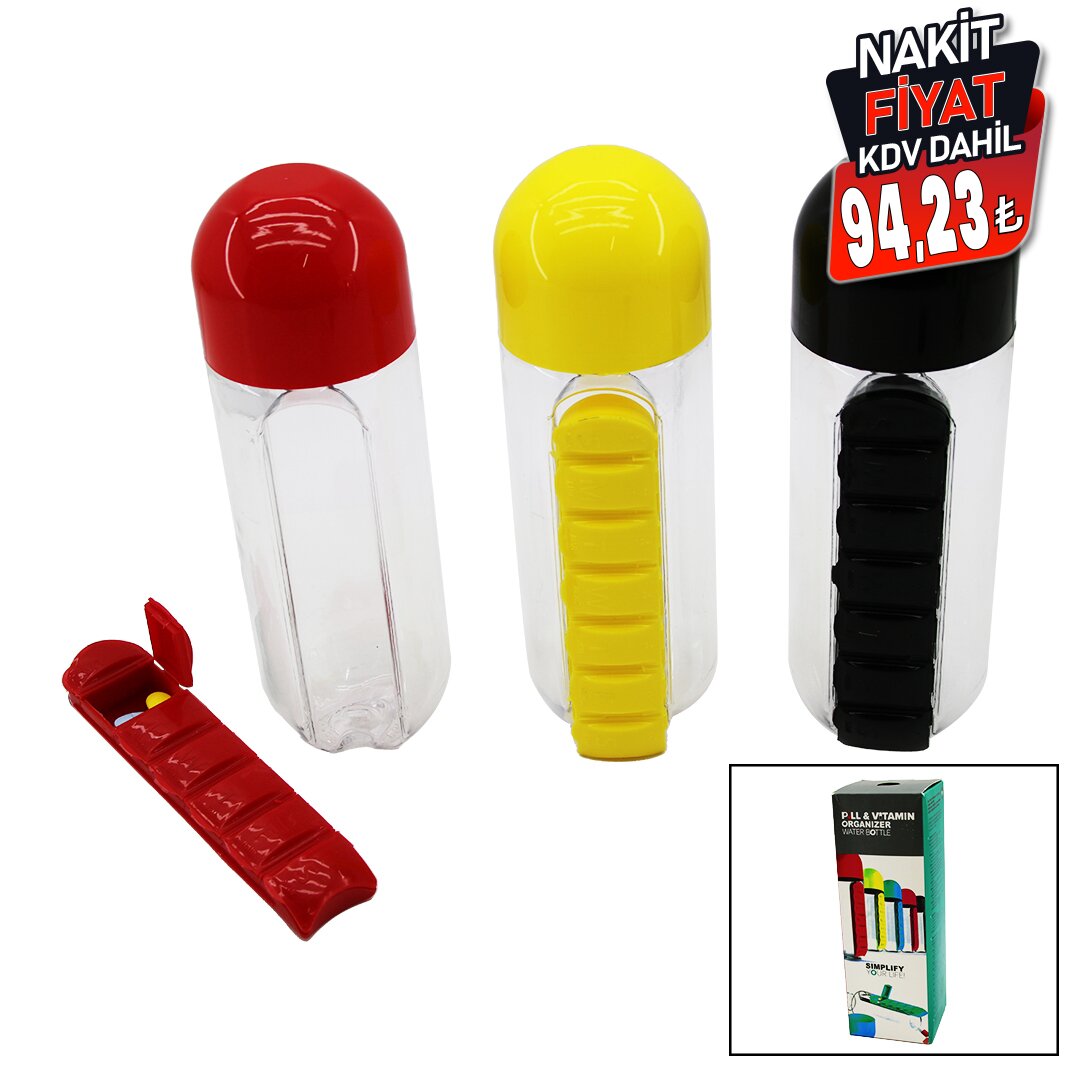 İLAÇ KUTULU PLASTİK SULUK MATARA RENKLİ BARDAK KAPAKLI 600ML