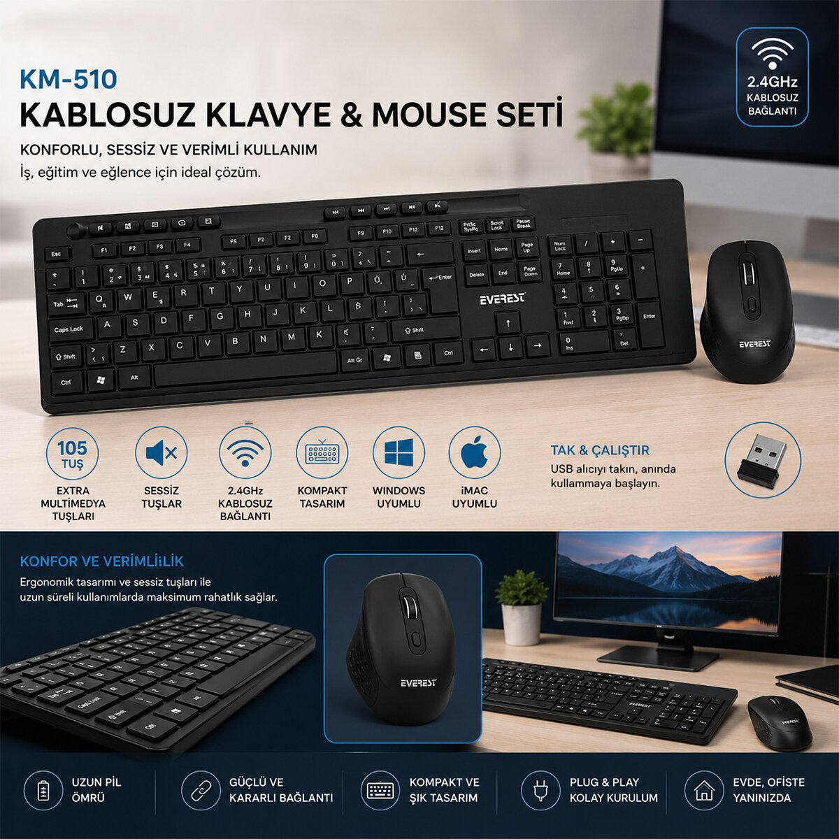 KABLOSUZ MULTİMEDİA KLAVYE - MOUSE SETİ SİYAH Q KLAVYE KM-510