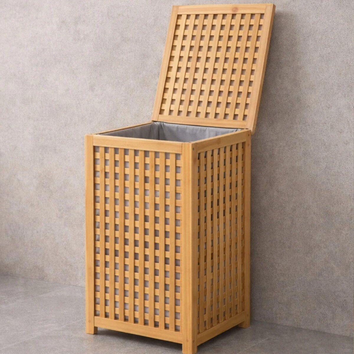 KALIN AHŞAP BAMBU KİRLİ ÇAMAŞIR SEPETİ KUMAŞ ÇANTALI SEPET=40X40X58CM