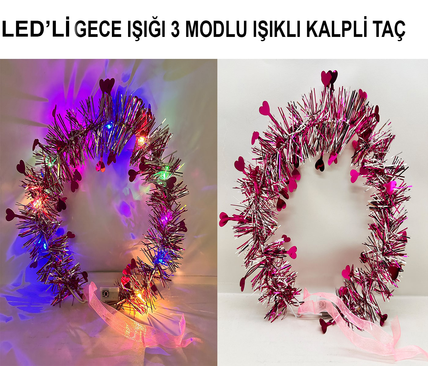 Kalp Püsküllü Gece Parıltısı 3 Modlu LED'li Işıklı Taç Fuşya Renk