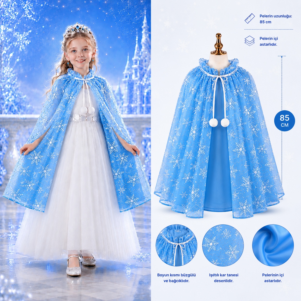 Kar Tanesi Desenli Mavi Elsa Pelerini - Astarlı Frozen Pelerini 85 cm