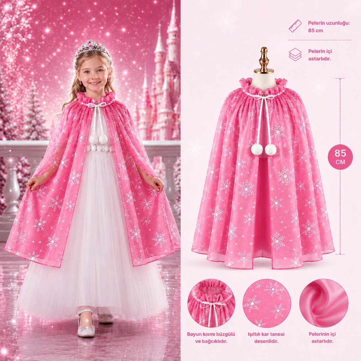 Kar Tanesi Desenli Pembe Elsa Pelerini - Astarlı Frozen Pelerini 85 cm