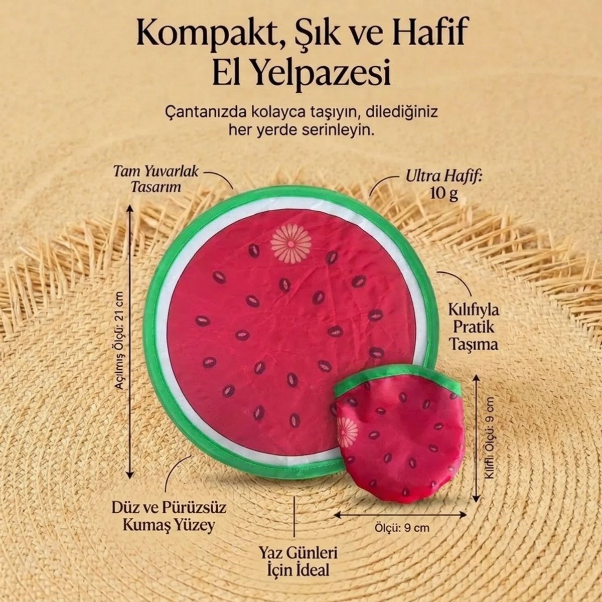 Karpuz Desenli Katlanabilir Cep Yelpazesi - Kılıflı Yuvarlak Kumaş El Yelpazesi