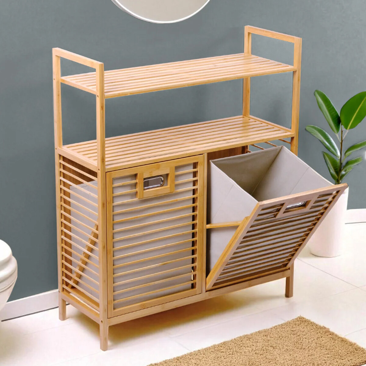 KİRLİ 2 KAT ORGANİZER RAFLI - 2 BÖLMELİ ÖNDEN ÇEK AÇ KALIN AHŞAP BAMBU KİRLİ ÇAMAŞIR SEPETİ 80X33X87CM