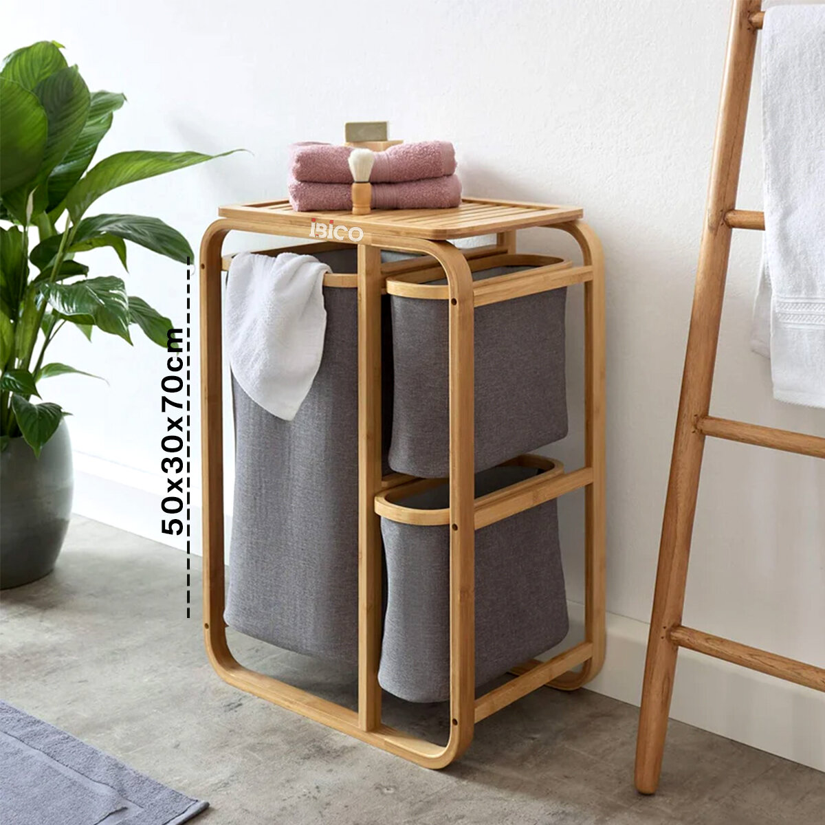 KİRLİ ÇAMAŞIR SEPETİ AHŞAP - BAMBU 3 ORGANİZER BÖLMELİ KUMAŞ ÇANTALI 50X30X70CM