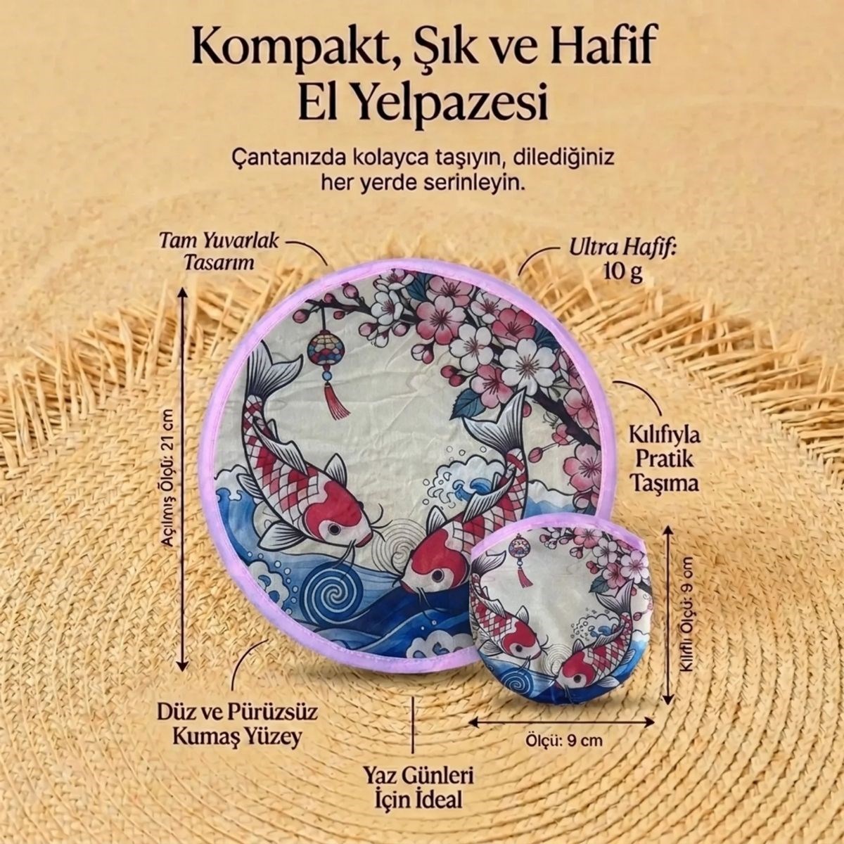 Koi Balığı ve Kiraz Çiçeği Desenli Katlanabilir Cep Yelpazesi - Japon Stili Kılıflı El Yelpazesi