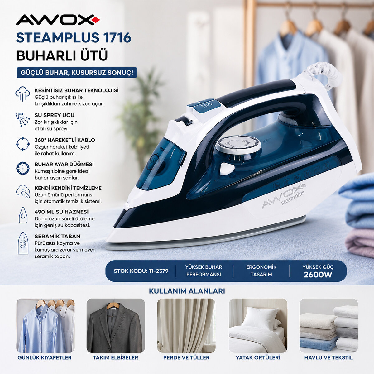 KOYU MAVİ - BEYAZ BUHARLI ÜTÜ SERAMİK TABAN - 360° HAREKETLİ KABLO - BUHAR AYARLAMA 2100W STEAMPLUS-1716