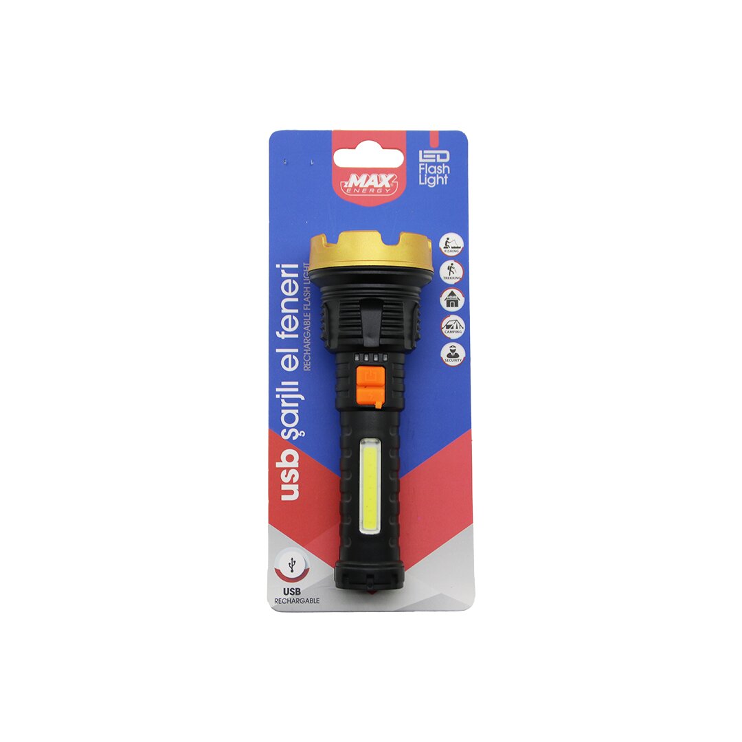 KÜÇÜK=15CM 2İN1= OSL LED - COB LED USB ŞARJLI EL FENERİ 3-KADEME IŞIK - FLAŞÖR ŞARJ GÖSTERGE