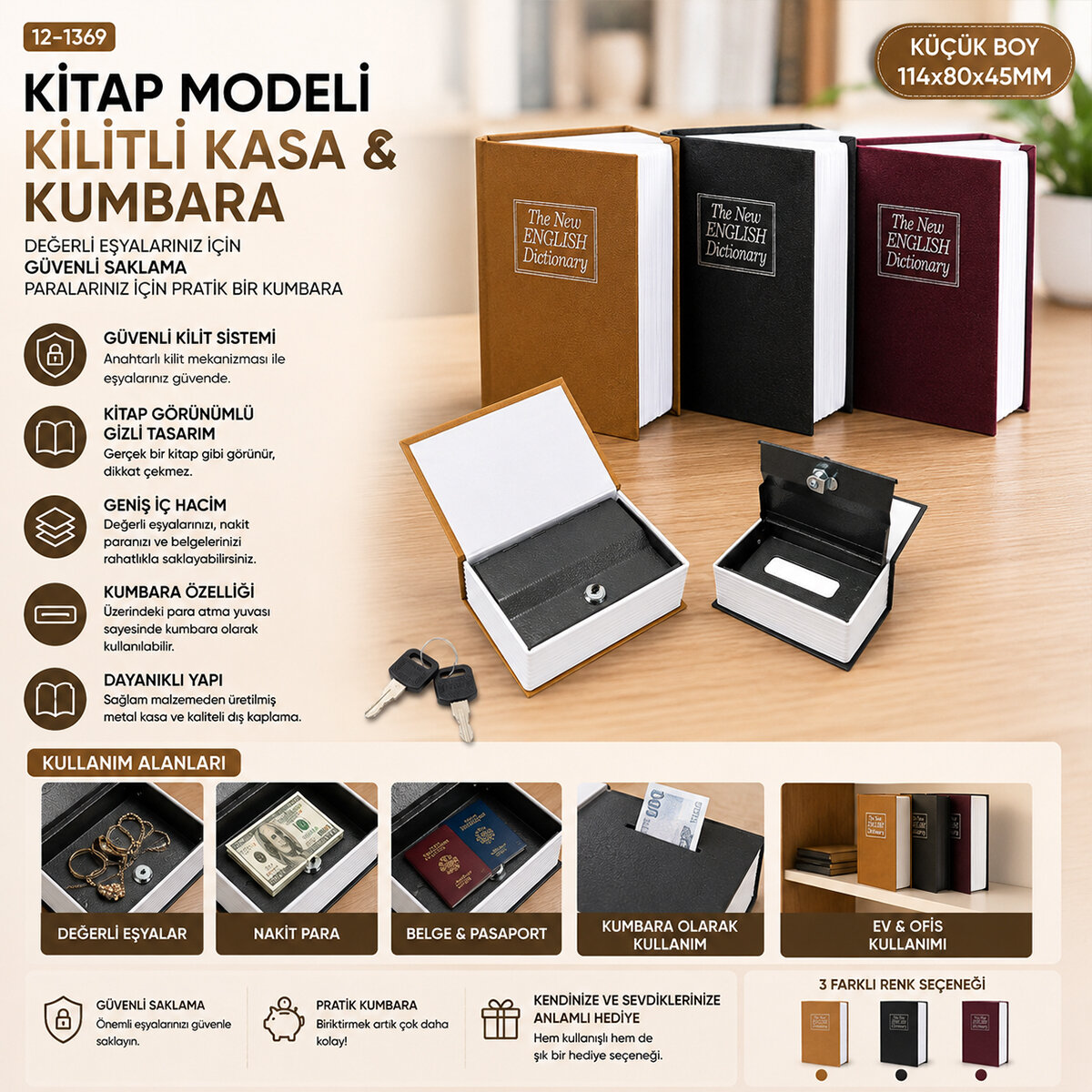 KÜÇÜK=114X80X45MM KİTAP MODELİ KİLİTLİ KASA - KUMBARA RENKLİ