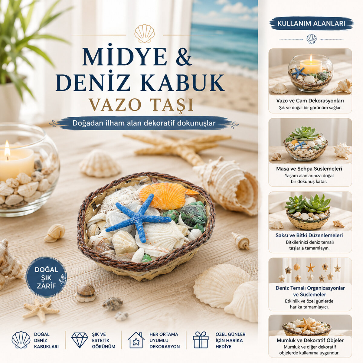 KÜÇÜK - KARE - AHŞAP SEPETLİ RENKLİ MİX MİDYE - DENİZ KABUK VAZO TAŞI
