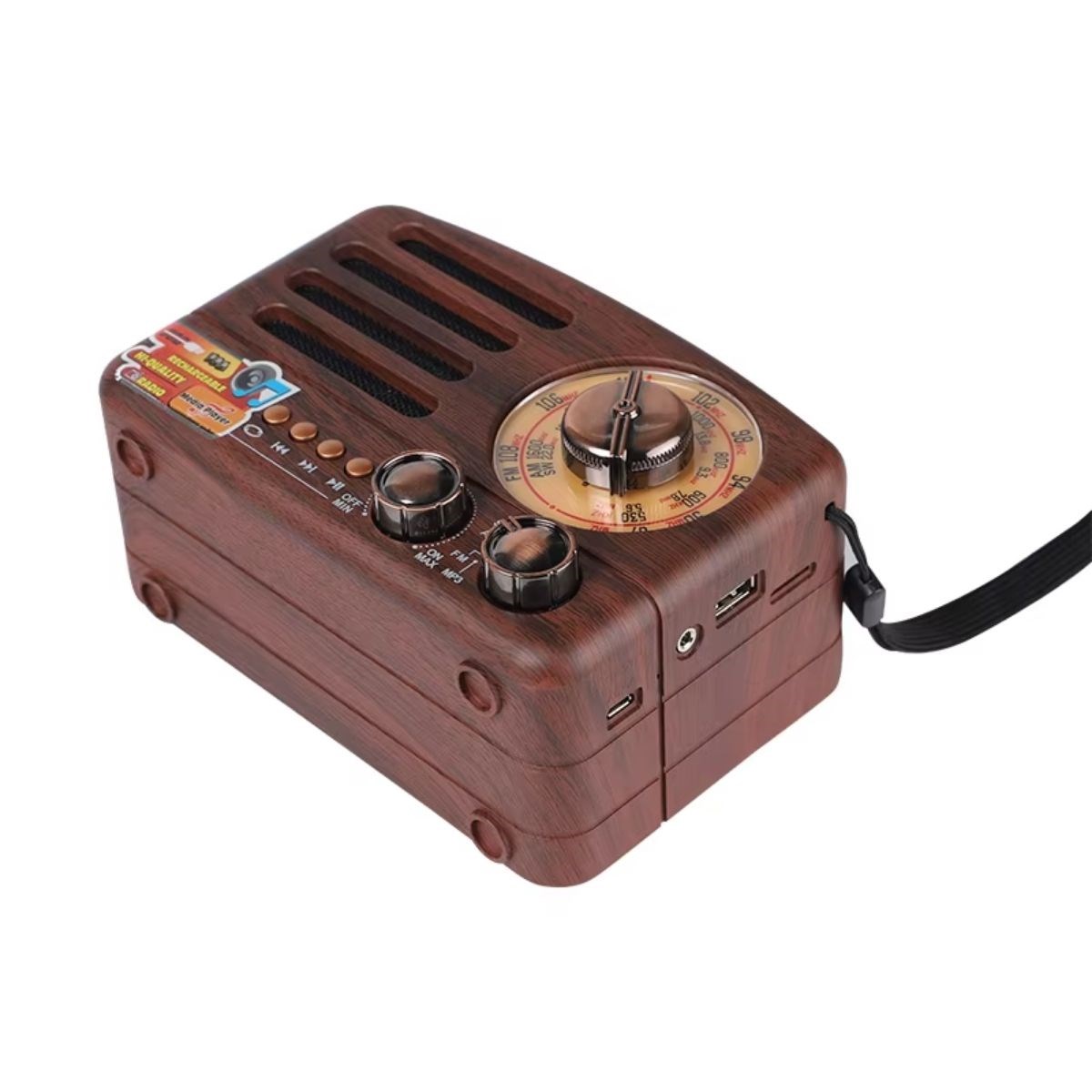 Küçük Boy Retro, Nostaljik, Ahşap Tasarım Bluetooth Hoparlörlü, Şarjlı, Taşınabilir Büyük Döndürülebilen Düğmeli FM/AM Destekli Radyo NS3380